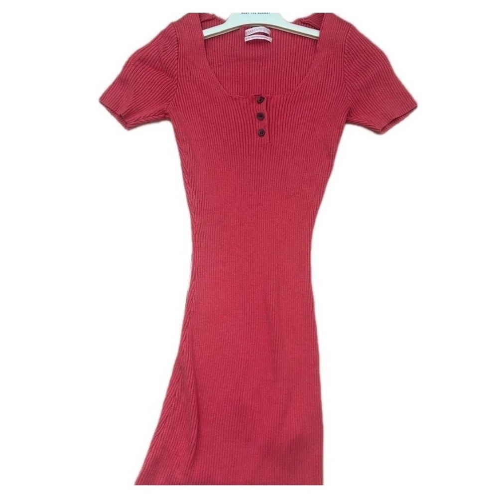Urban Outfitters Ribbed‎ Knit Mini Dress Pink Henley Square Neck XS Short Sleeve